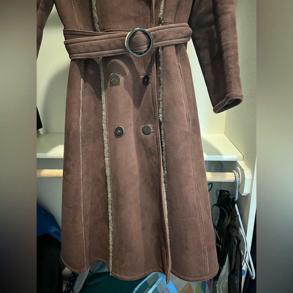 Vintage 70s Californian Suede Shearling Belted Trench Coat - Picture 6 of 16